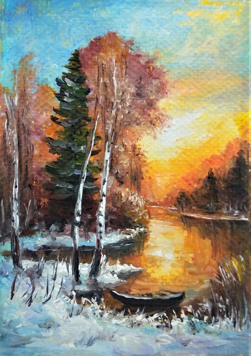 845x1200 Aceo Miniature Art Winter Sunsetl Canvas Painting (Natalja Picugina) - Aceo Painting