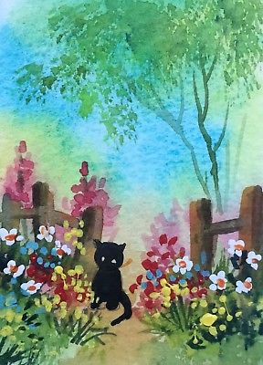 288x400 Original Art Small Aceo Painting Watercolour Cat In The Garden By - Aceo Painting