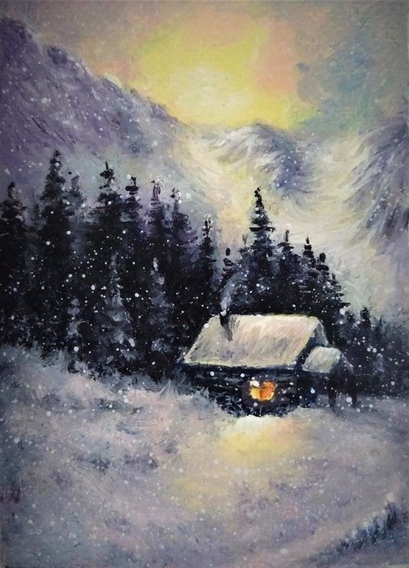 578x802 Aceo Original Winter Sunset Painting Snow Night Woodland Oil - Aceo Painting