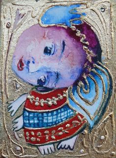 236x322 Folk Art Mini Painting Angels Aceo Original Naive Primitive - Aceo Painting