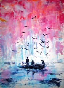 216x300 Aceo Original Seascape Boats Painting Abstract Sunset - Aceo Painting