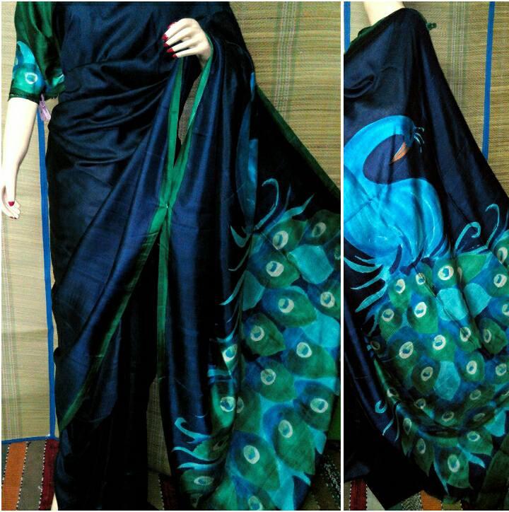 720x724 Blue Acid Painting Bishnupuri Silk Sarees Dailybuyys - Acid Painting