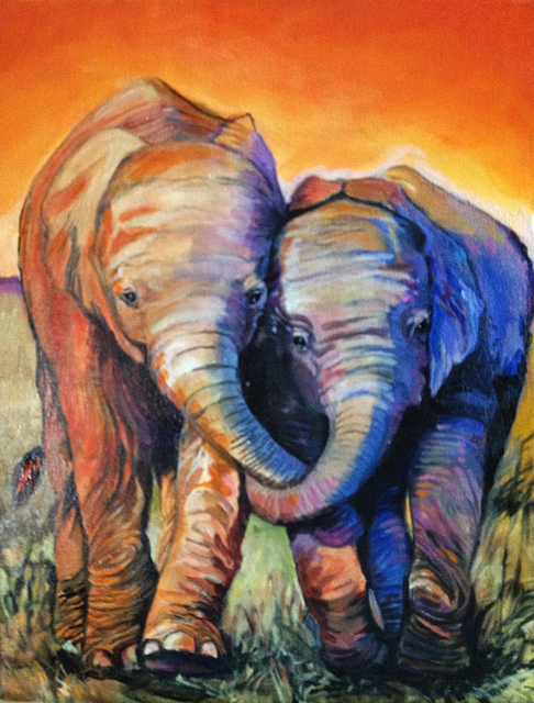 486x640 Sue Conditt Artwork Two Baby Elephants Original Painting - Acrylic Animal Painting