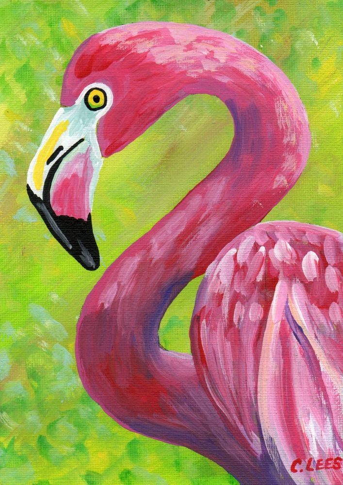 707x1000 5x7 Original Acrylic Painting, Pink Flamingo Bird, Art On Flat - Acrylic Animal Painting
