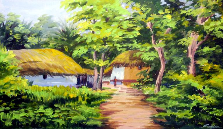 770x444 Saatchi Art Beauty Of Bengal Village - Acrylic Canvas Painting Landscape