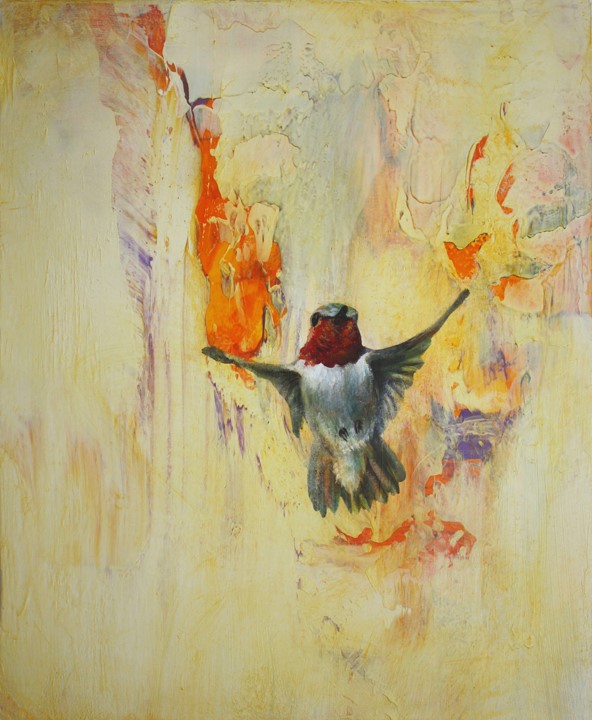 592x720 Greg Ragland Painting A Male Hummingbird In Cream And Orange - Acrylic Hummingbird Painting