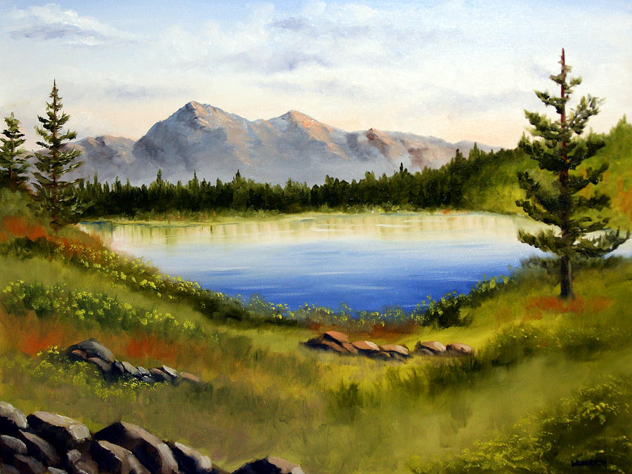 900x675 Mountain Lake Landscape Oil Painting Painting By Mark Webster - Acrylic Mountain Landscape Painting