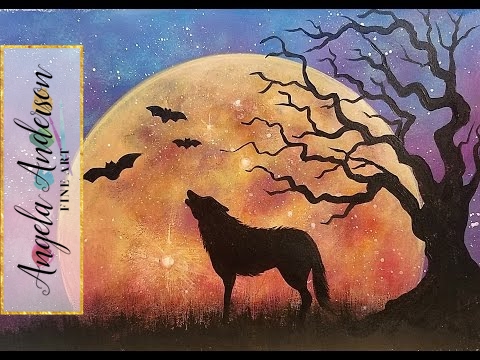 480x360 Moon Rising Landscape Night Sky With Wolf Amp Tree Beginner Acrylic - Acrylic Painting For Beginners Animal