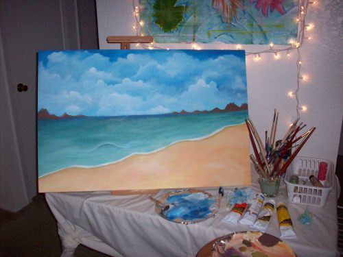 500x375 Commissioned Beach Scene My First Beach Ever Wip - Acrylic Painting Ideas Beach