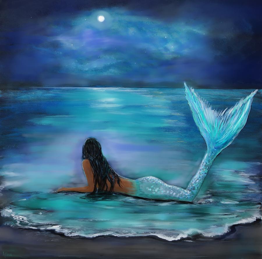 900x891 Mermaid Moon And Stars Painting By Leslie Allen - Acrylic Painting Mermaid