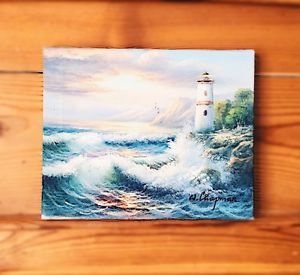 300x275 Gorgeous Original W. Chapman Ocean Sea Sunset Lighthouse Waves - Acrylic Painting Ocean Sunset