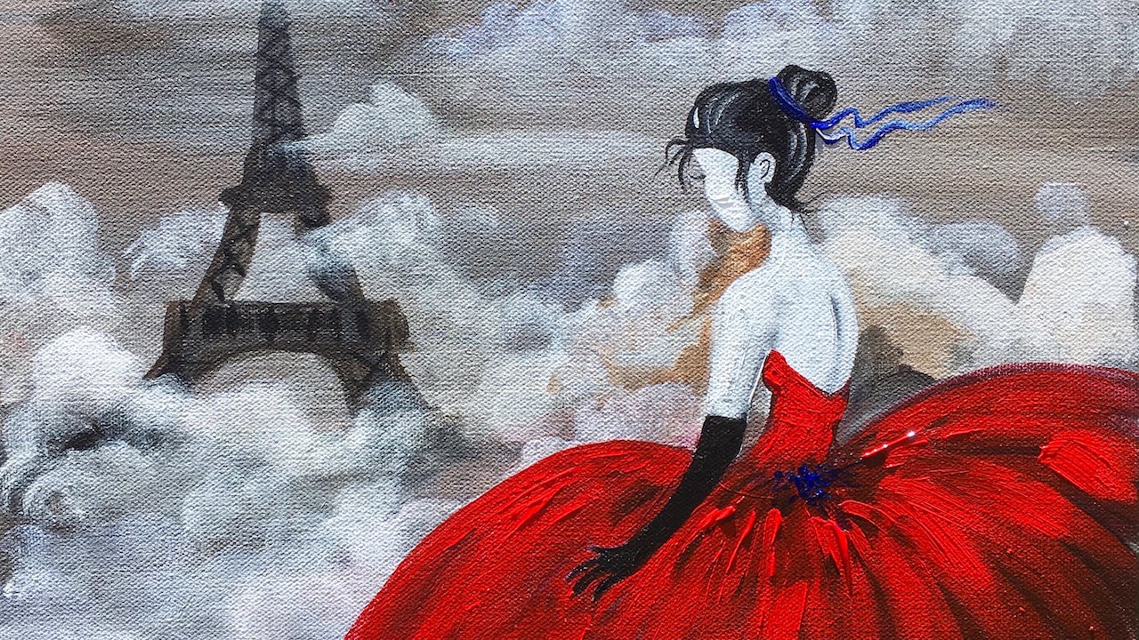 1280x720 Red Dress Eiffel Tower Beginner Acrylic Painting Class Angelooney - Acrylic Painting Of Women