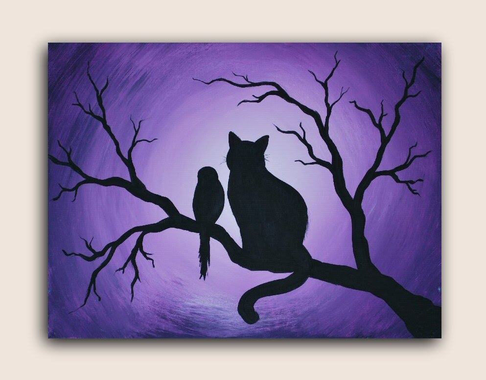 993x776 Cat And Bird Acrylic Painting On Canvas Silhouette Painting - Acrylic Painting On Canvas