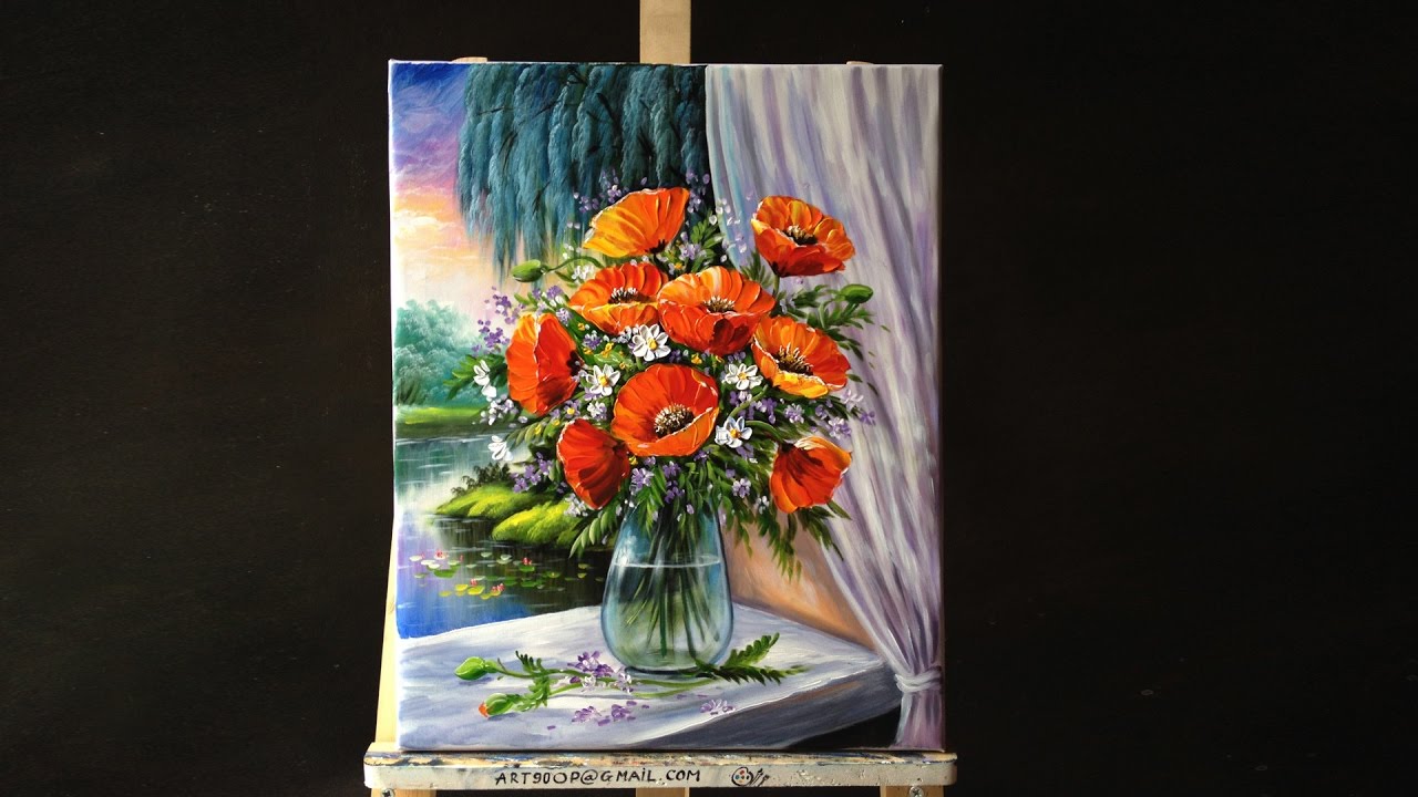 1280x720 Bouquet Of Poppies In Glass Vase On Windowsill Acrylic Painting - Acrylic Painting On Glass
