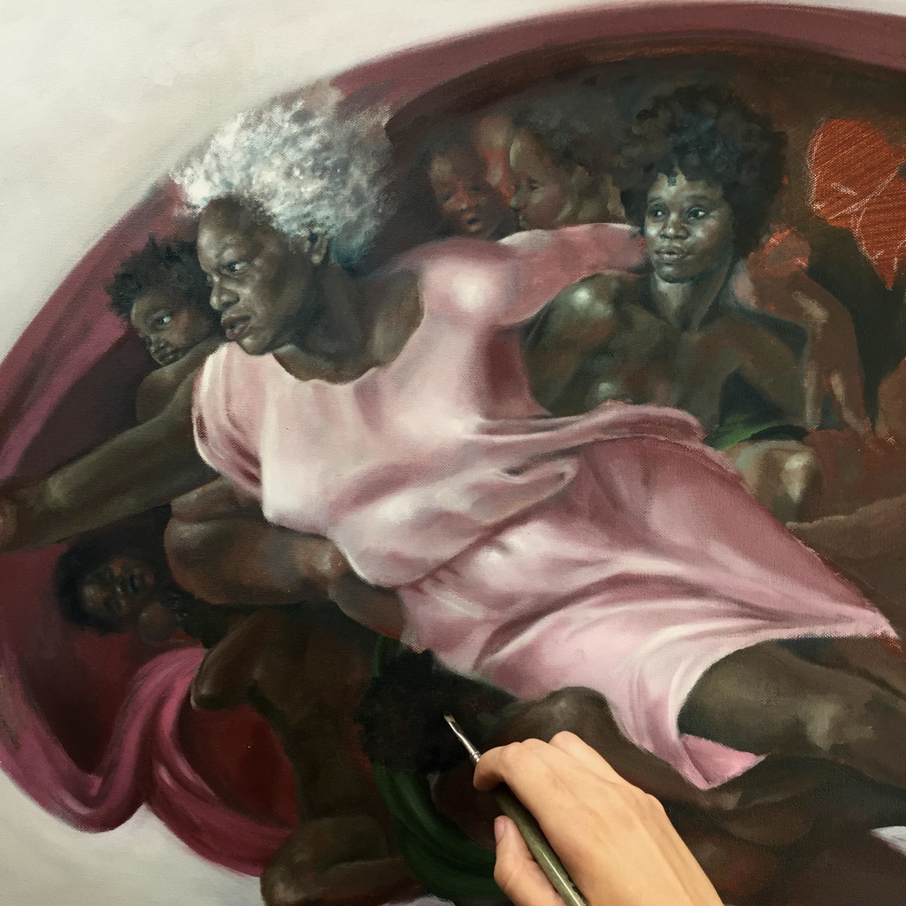 1024x1024 This Woman Reimagined Michelangelo's The Creation Of Adam - Adam And God Painting