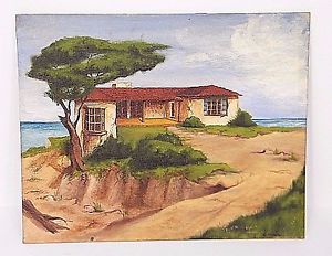 300x232 Coonley 1938 Old Vtg Oil Painting Pueblo Adobe Ocean Cliff House - Adobe Painting
