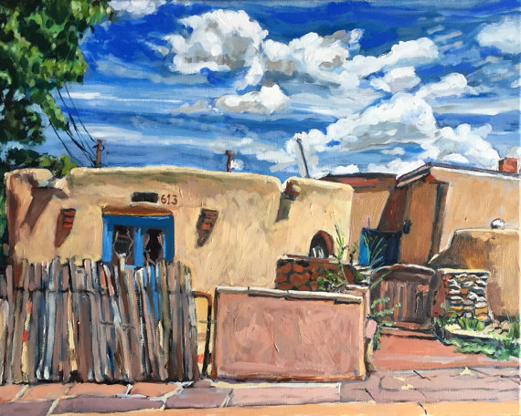 570x456 Santa Fe Painting Adobe And Clouds Southwestern Architecture Print - Adobe Painting