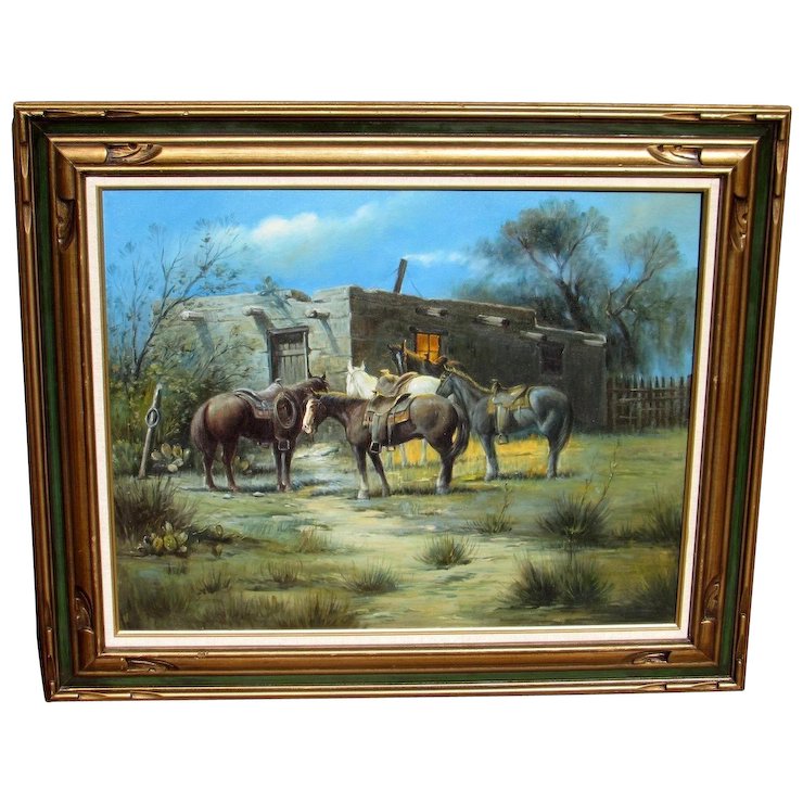 740x740 Western Oil Painting Horses By An Adobe Dwelling (Style - Adobe Painting