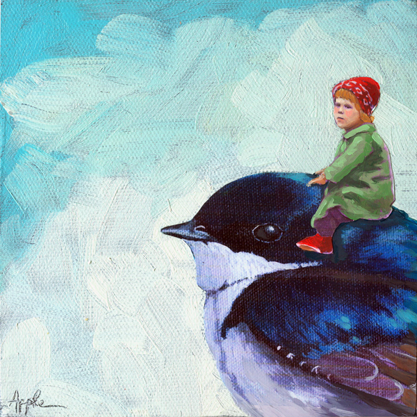 600x600 Little Girl On Warbler Bird Adventure Fantasy Original Mixed Media - Adventure Painting