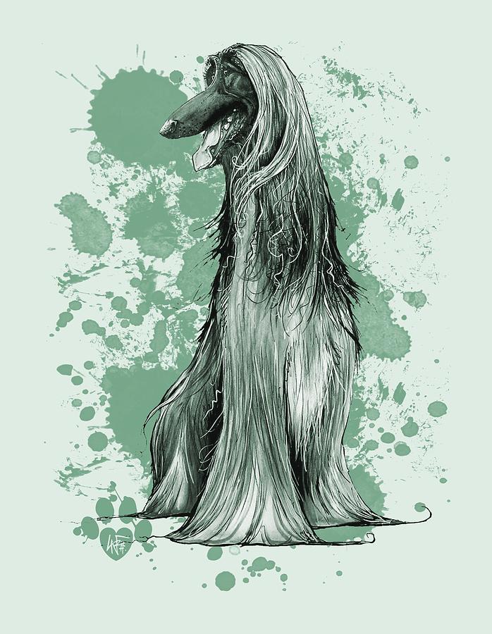 698x900 Green Paint Splatter Afghan Hound Drawing By John Lafree - Afghan Hound Painting