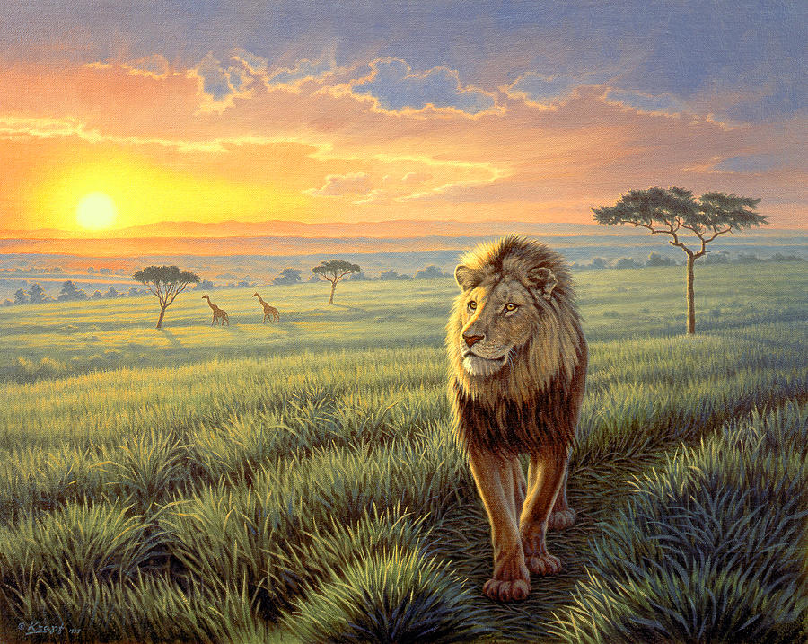 900x717 Masai Mara Sunset Painting By Paul Krapf - African Animal Painting