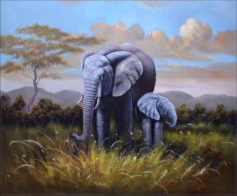 800x662 Hand Painted Wall Art African Sky Grassland Elephants Home - African Animal Painting