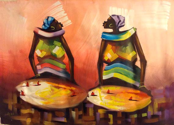 570x409 Market Women African Art Painting Acrylic On Canvas, Unique - African Art Painting