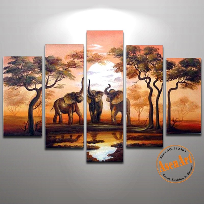 800x800 Handpainted 5pcs Set African Elephant Painting Sunset Landscape - African Elephant Painting