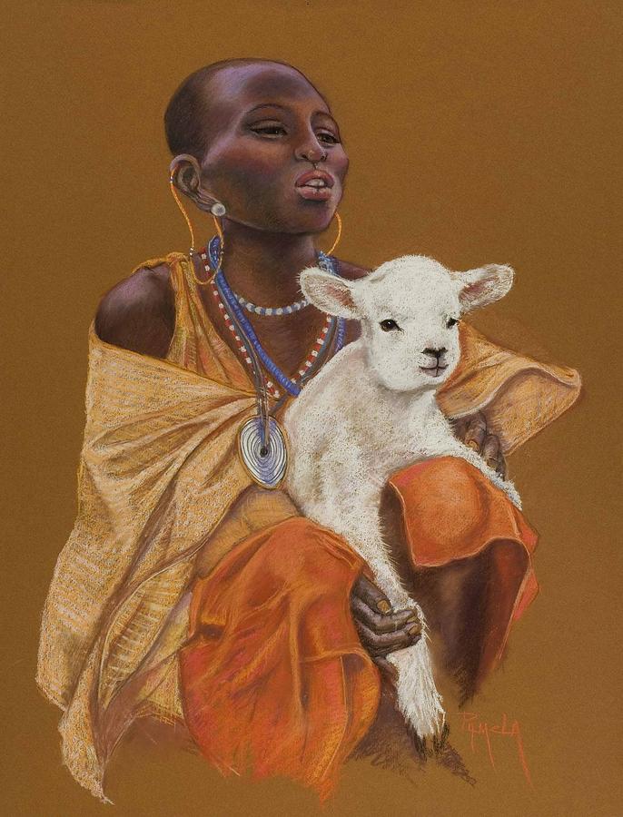 686x900 African Girl With Lamb Painting By Pamela Mccabe - African Girl Painting