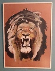 233x300 Vintage Framed African Lion Painting Signed Stephen Mitchell 1967 - African Lion Painting