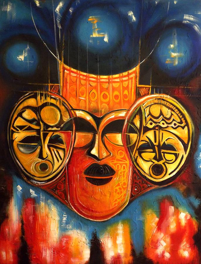 686x900 African Masks Painting By Olumide Egunlae - African Mask Painting