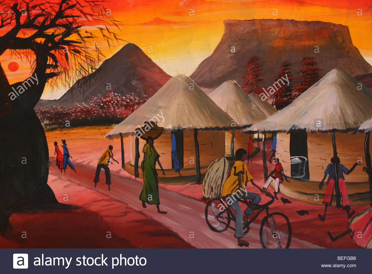 1300x956 African Painting In Reds And Oranges Showing Typical Village Scene - African Painting Images