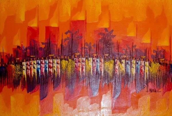 600x405 Wall Hanging, African Handmade Oil Painting Of Village Meeting. - African Painting Images