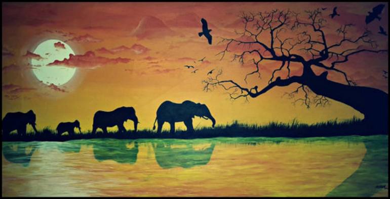 770x394 Saatchi Art Fine Art, Sunset Painting, African Elephants - African Safari Painting