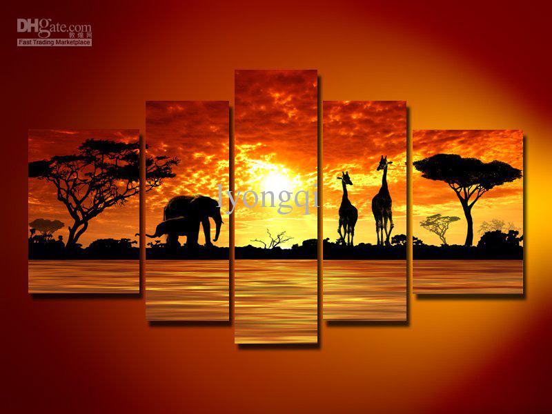 800x600 2018 Abstract Oil Painting Giraffes And Elephants In Sunrise By - African Sunrise Painting