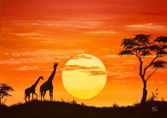 570x404 Glow In The Dark African Art Sunset Africa Giraffe Lion Silhouette - African Sunrise Painting