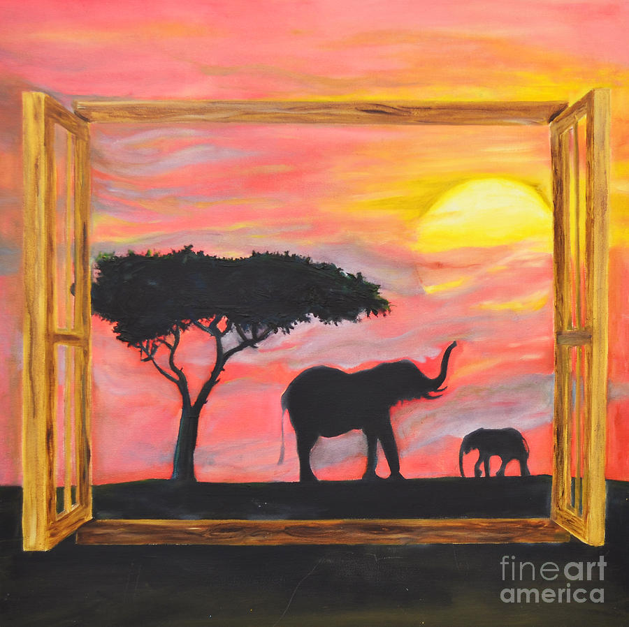900x898 Window To African Sunrise With Elephants Into The Sun. Painting By - African Sunrise Painting