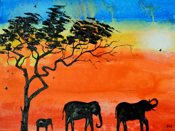 570x425 African Sunrise Elephant Silhouette Original Painting Oil - African Sunrise Painting