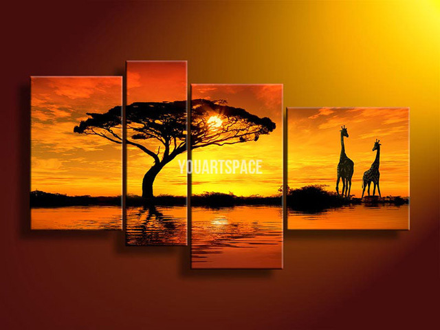 640x480 4 Piece Wall Art Pictures Sunset African Abstract Orange Giraffe - African Tree Painting