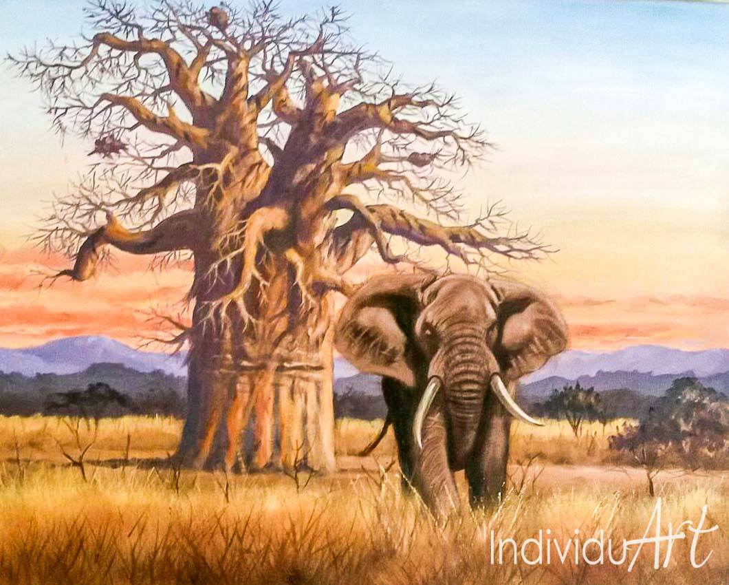 1060x850 Elephant Painting With Baobab Tree African Savanah Oil - African Tree Painting