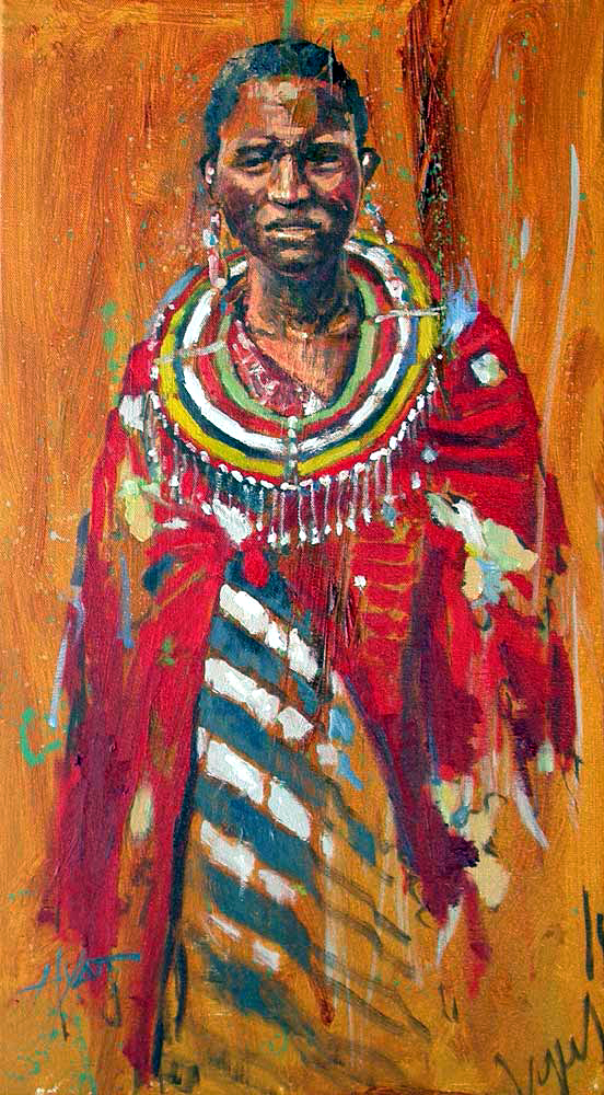 552x1000 Masai Woman On Wood By Hyatt Moore - African Tribal Woman Painting