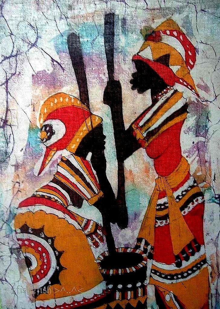 728x1024 Women Prepare Food. Vintage Batik Painting. African Art - African Tribal Woman Painting