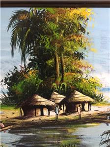 224x300 African Tropical Village Painting On Congo Wheat Flour Sack Canvas - African Village Painting