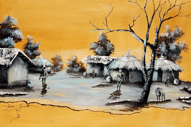 650x433 African Village Scene - African Village Painting