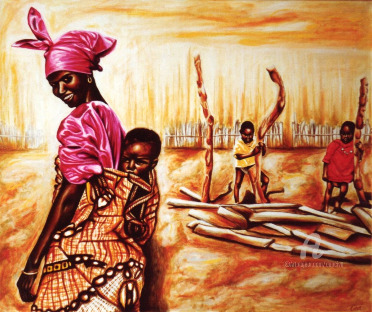 1200x1008 African Mother And Baby In The Village (Dan Civa) - African Village Painting