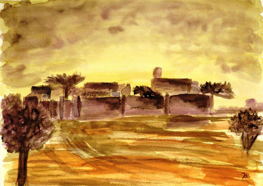 900x638 Dusk In An African Village Painting By Jutta B - African Village Painting
