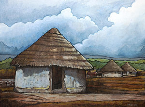 300x222 Hamana 1 Painting By Dave Kobrenski - African Village Painting