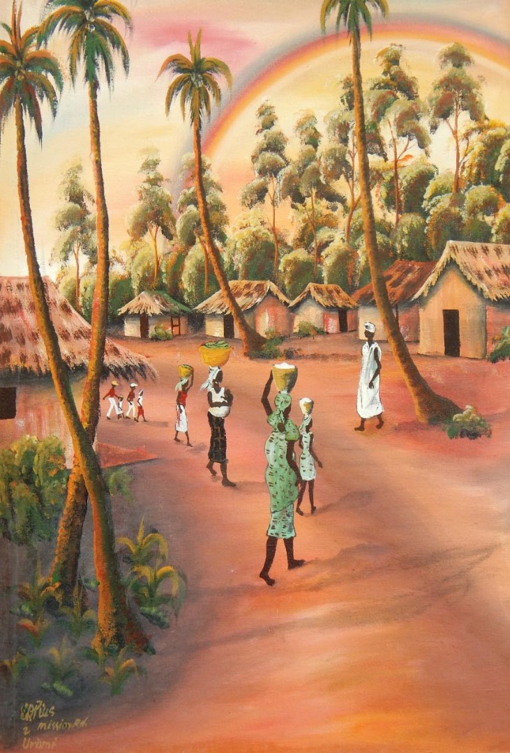 731x1080 Otius (20thc). African Village Scene - African Village Painting