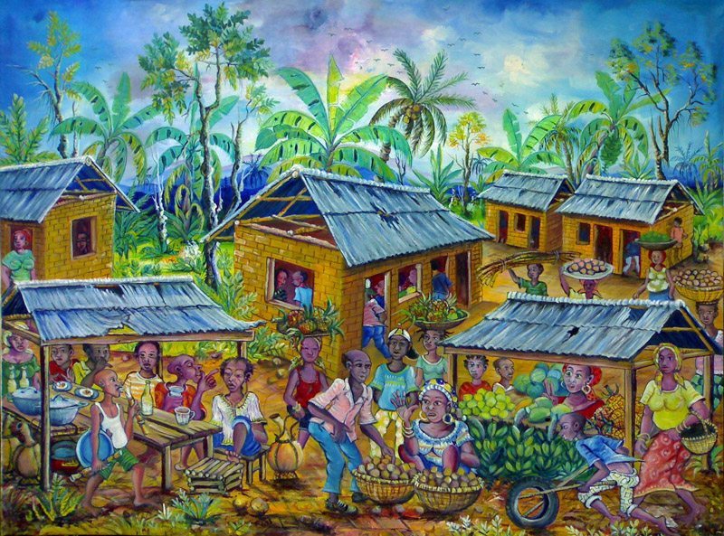 800x593 The Village Market Art Cameroon Paintings - African Village Painting