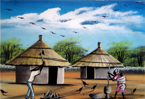 500x340 Acrylics - African Village Painting